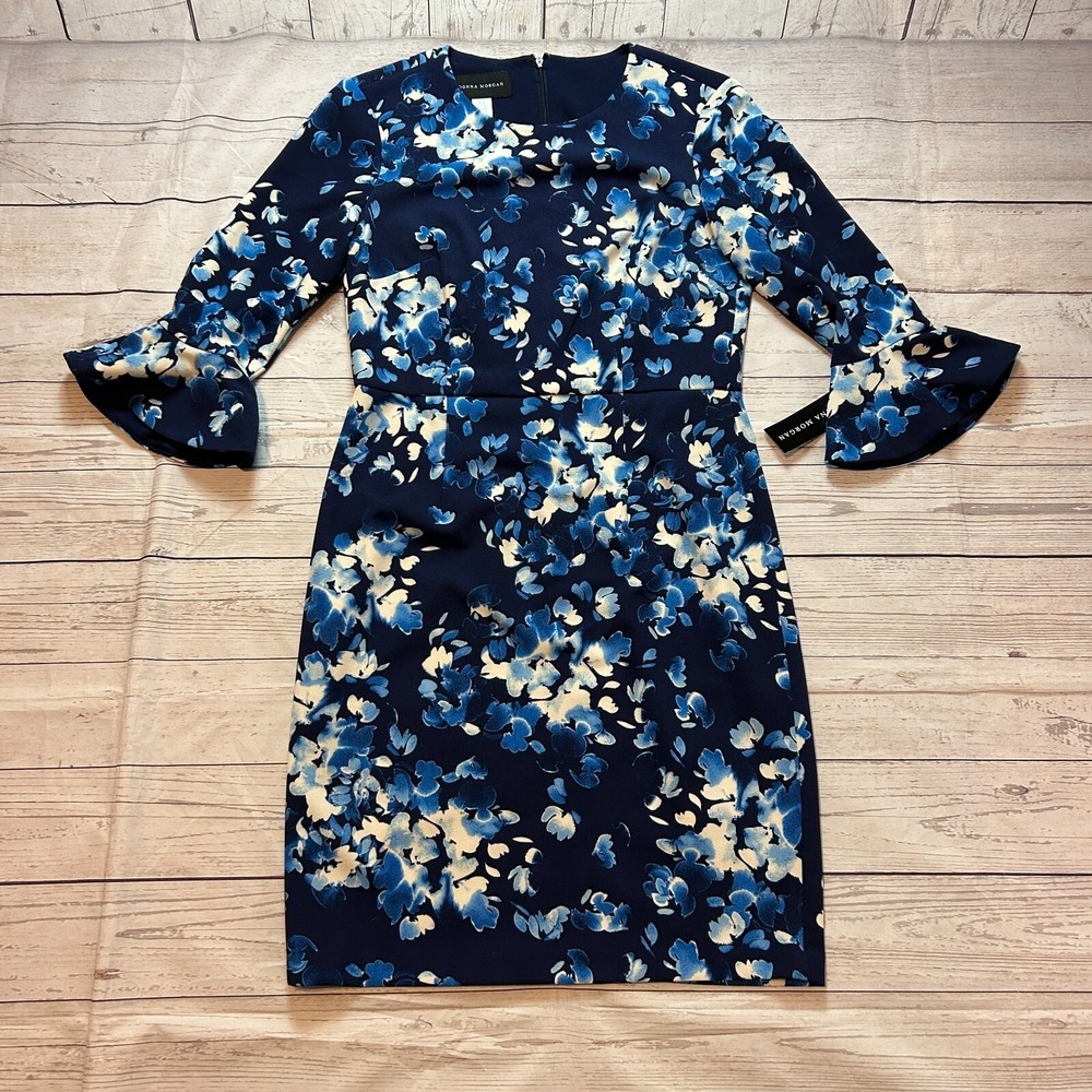 Donna Morgan Blue Floral Knee Length Dress Flare Sleeve‎ Women's Size 4